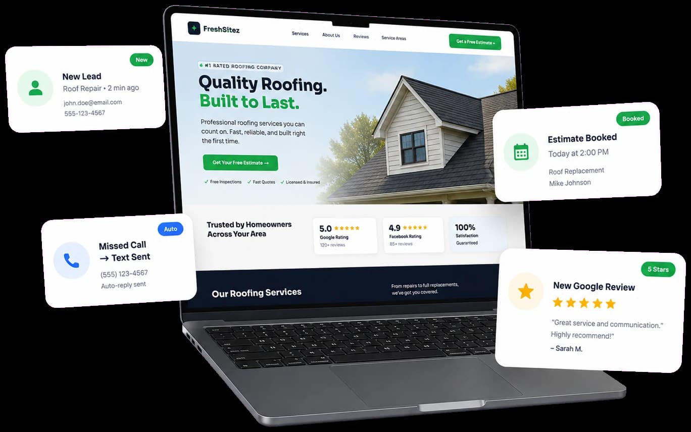 FreshSitez client website preview with live lead, booking, and review notifications